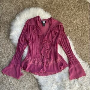 Vintage Y2K 90s Studio 1940 Pink Ruffle Lace Sheer Blouse Cardigan Button Top